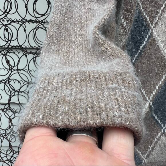 Vintage 90s Segue Argyle Angora Wool Cardigan sweater tan gray cream Grandpacore - Picture 3 of 8